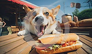 Playful corgi dog in a cafe setting, eagerly eyeing a tempting hot dog on a wooden table. Created AI tools