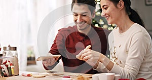 Playful couple making selfie in Christmas time