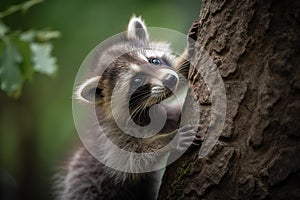 A playful and curious baby raccoon learning to climb a tree. Generative AI