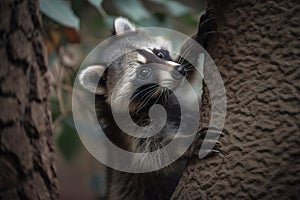 A playful and curious baby raccoon learning to climb a tree. Generative AI