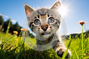 Playful Cute Kitten in Sunlit Grass