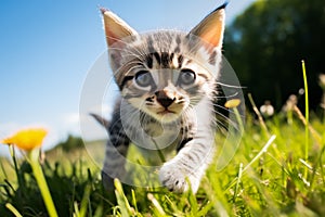 Playful Cute Kitten in Sunlit Grass