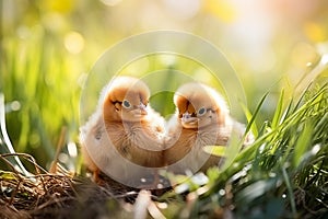 Playful and cute yellow chicks frolicking on vibrant green grass with expansive outdoor copy space