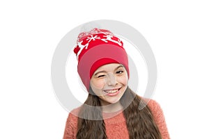 Playful cutie. Why children seems cute. Adorable baby wear cute winter knitted hat. Cute accessories. Girl wear winter