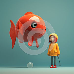 Playful 3d Character \'margaret\' Walking Towards A Fish In Rain Coat photo