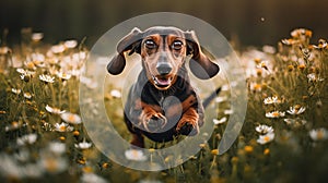 Playful Dachshund\'s Romp in a Field of Daisies