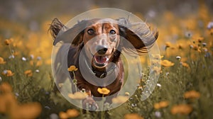 Playful Dachshund\'s Romp in a Field of Daisies photo