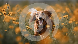 Playful Dachshund\'s Romp in a Field of Daisies photo