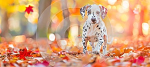 Playful dalmatian puppy frolicking in a meadow, showcasing its charming spotted beauty