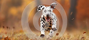 Playful dalmatian puppy frolicking in a meadow a vision of spotted energetic charm photo