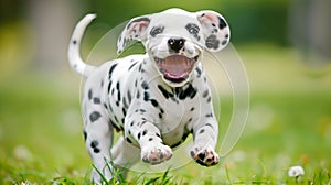 Playful dalmatian puppy joyfully running in a meadow a beautiful spotted canine in action