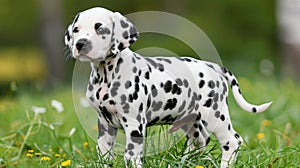 Playful dalmatian puppy joyfully running in a meadow, a delightful sight of spots