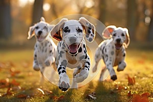 Playful Dalmatians Small dogs frolic and run in sunny backlight