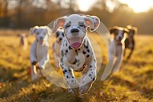 Playful Dalmatians Small dogs frolic and run in sunny backlight