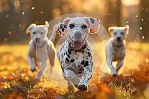 Playful Dalmatians Small dogs frolic and run in sunny backlight