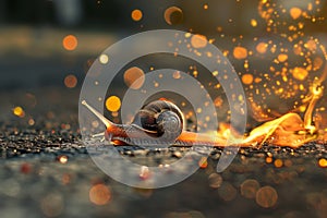 Playful depiction of a snail racing on a fiery speed track like a speedy car