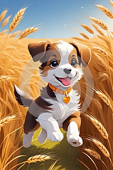 A playful dog with boundless energy frolics and unrestrained joy, amidst a vast expanse of swaying wheat stalks, cartoon, animal photo