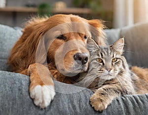 A playful dog and cat cuddling together on a cozy couch