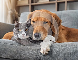 A playful dog and cat cuddling together on a cozy couch