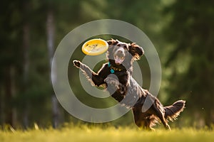 Playful dog catching a frisbee mid-air, bringing laughter and fun to an outdoor adventure. Generative AI