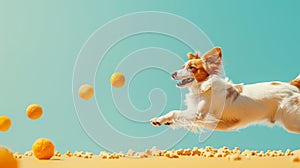 Playful dog frolicking amidst flying treats against a blue sky