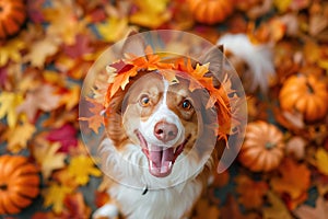 playful dog in a Halloween costume with pumpkins and fall leaves Cute Halloween puppy