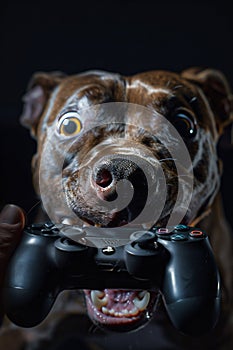 Playful Dog Holding a Game Controller in Mouth. Generative ai