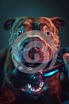 Playful Dog Holding a Game Controller in Mouth. Generative ai