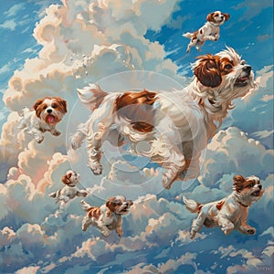 A playful dog joyfully chases its tail in the sky, showcasing a whimsical and imaginative scene photo