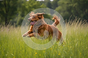 playful dog jumping and rolling in lush grassy meadow