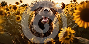Playful dog jumps through field of sunflowers, concept of Freedom