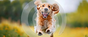 Playful Dog Leaping Joyfully, Its Paws Reaching For The Sky, Mouth Wide Open