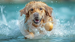 Playful Dog Retrieving Toy and Splashing in Pool AI Generated