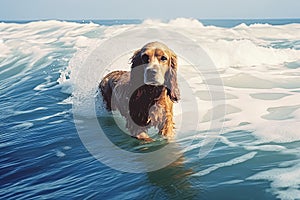 A playful dog splashes and frolics in the water