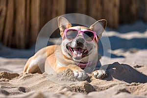 Playful Dog in Sunglasses Relaxing on Sandy Beach - Candid Lifestyle Pet Photography