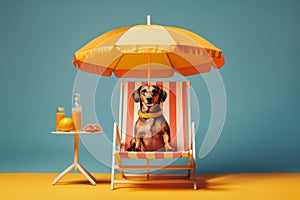 Playful dog wearing sunglasses lounging on tropical beach under vibrant beach umbrella