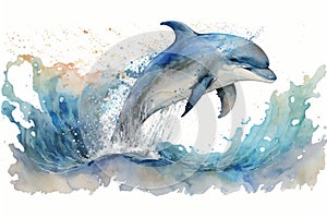 A playful dolphin leaping out of the ocean waves, painted with cool and calming blue watercolors Generative AI