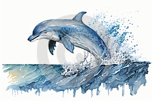 A playful dolphin leaping out of the ocean waves, painted with cool and calming blue watercolors Generative AI