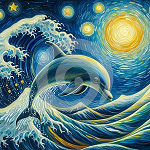 A playful dolphin in a whimsical ocean,with moonlit night, starry sky of Van Gogh style, painting art