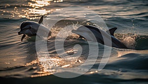 Playful dolphins jumping in the blue water under the summer sun generated by AI