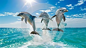 Playful dolphins leaping above turquoise ocean waves under clear skies. Joyful marine animals in natural habitat