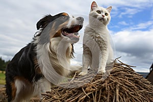 Playful Duo: Dog and Cat Frolicking on Rustic Farmyard Haystack