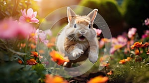 Playful easter bunny running and jumping in garden with vibrant flowers