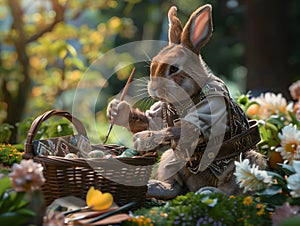 Playful easter scene with rabbit and eggs