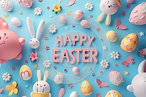 Playful Easter setup with cartoon bunnies, eggs, and 'Happy Easter' on a dynamic blue background