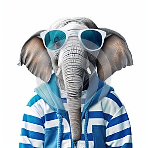 Playful Elephant In Blue Shirt Hat And Sunglasses