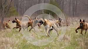 The playful and energetic movements of a pack of dogs at play chasing each other and frolicking in created with Generative AI