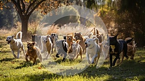 The playful and energetic movements of a pack of dogs at play chasing each other and frolicking in created with Generative AI