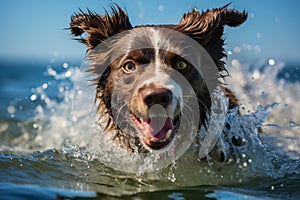 Playful and exuberant border collie splashing and enjoying a refreshing swim in the water