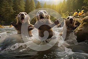 Playful family of otters in flowing stream. Generative AI